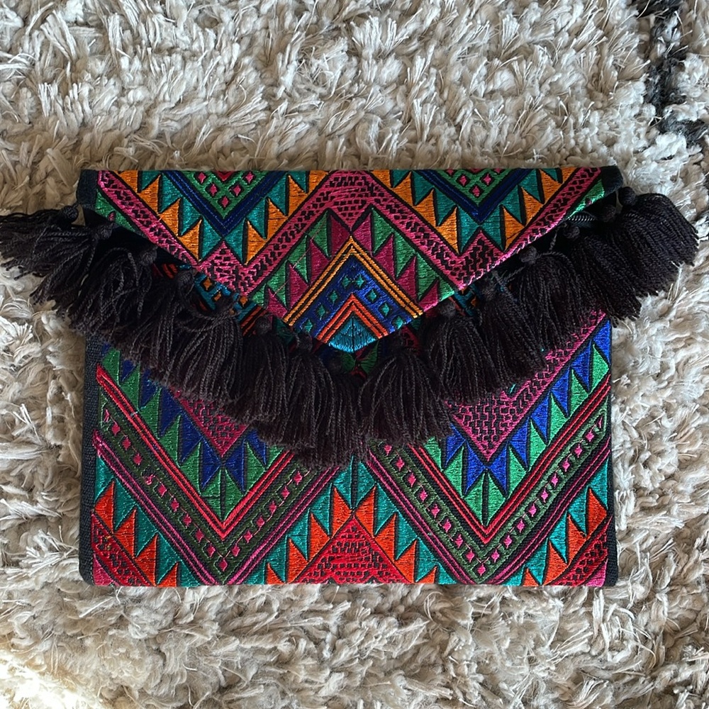 New Mexican Embroidered Clutch Bag With Tassels Handmade Colorful Oaxaca!
